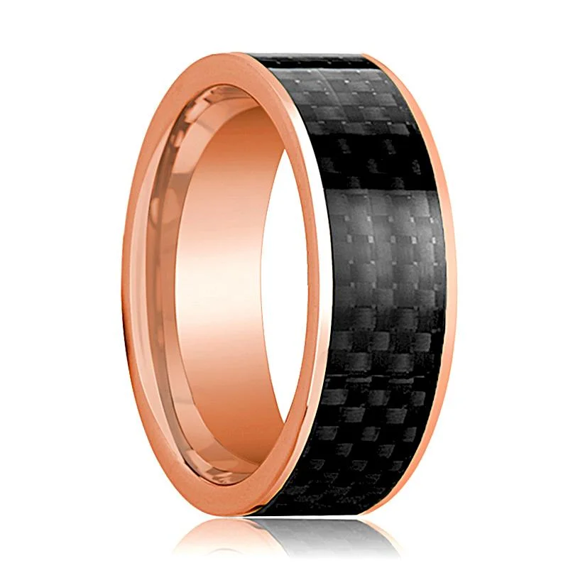 silver engagement rings for women-Men's 14k Rose Gold Flat Polished Wedding Band with Black Carbon Fiber Inlay