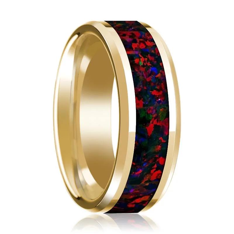 band rings for women-14K Yellow Gold Polished Beveled Wedding Ring Black and Red Opal Inlay