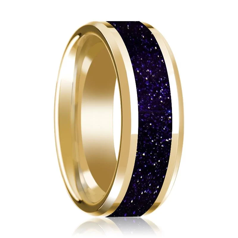 platinum rings for women-Men's Beveled 14k Yellow Gold Wedding Band with Purple GoldStone Inaly & Polished Finish - 8MM