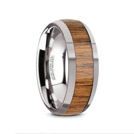 silver rings for women-Men's Tungsten Carbide Wedding Band With Teak Wood Inlay High Polish Edges - 8 mm