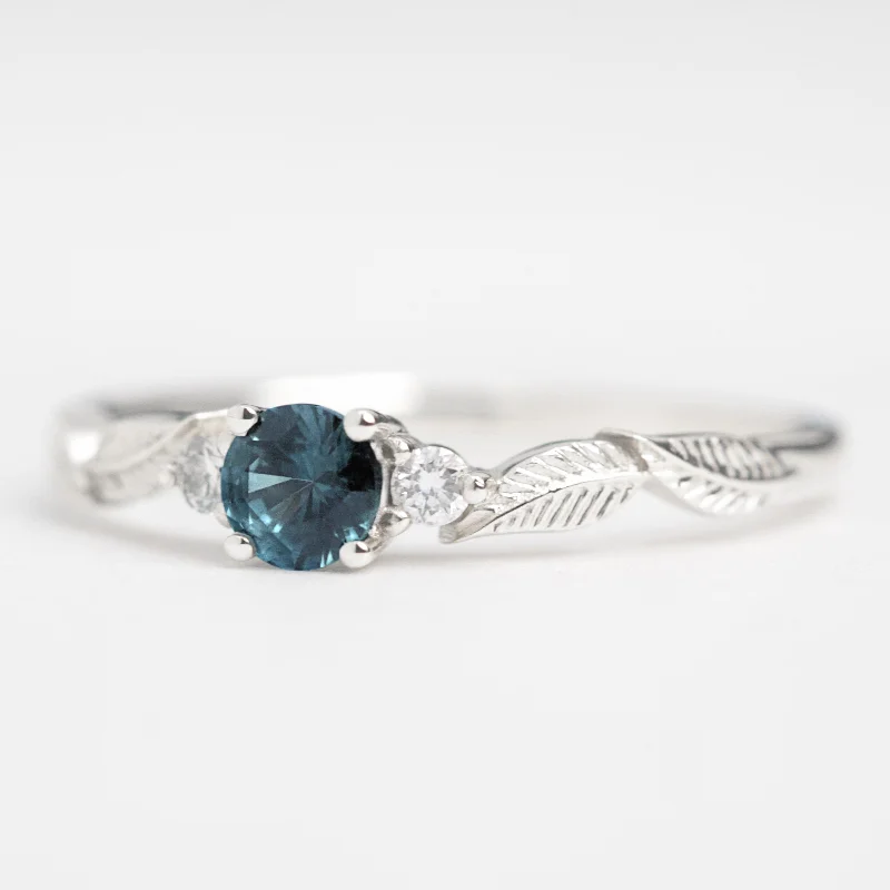 stacking rings for women-Teal Sapphire and Diamond Leaf Engagement Ring