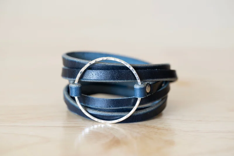 charm bangles for women-Leather Wrap Bracelet | Navy Blue Horween Leather + Sterling Silver Hammered Hoop Bracelet | Boho Style | Handmade Jewelry | Gift For Her