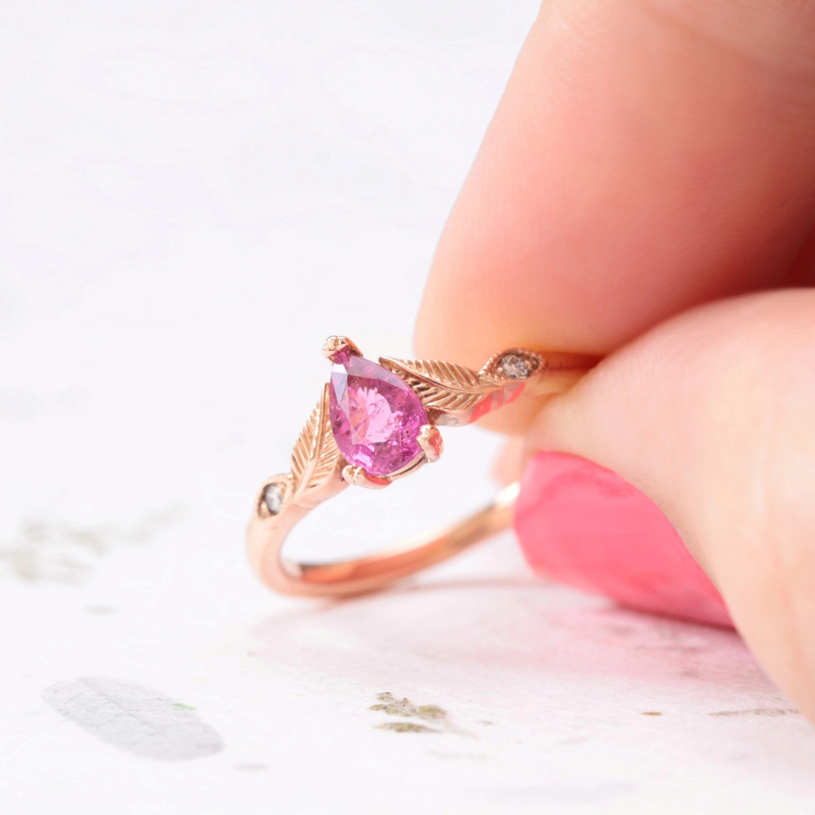 pink sapphire rings for women-Rubellite Leaf Ring