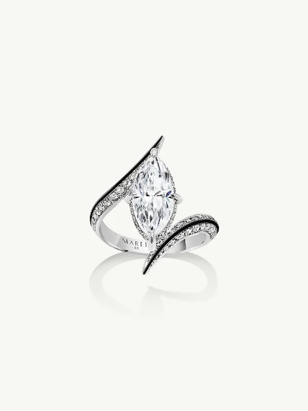 gold wedding rings for women-Ayla Arabesque Engagement Ring With Marquise-Cut White Diamond, Pavé-Set Brilliant White Diamonds & Enamel in 18K White Gold