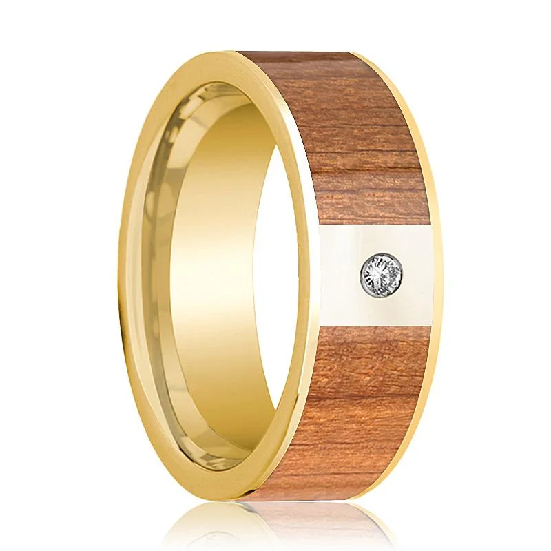 halo rings for women-Polished 14k Gold Men's Wedding Band with Sapele Wood Inlay and Diamond - 8MM