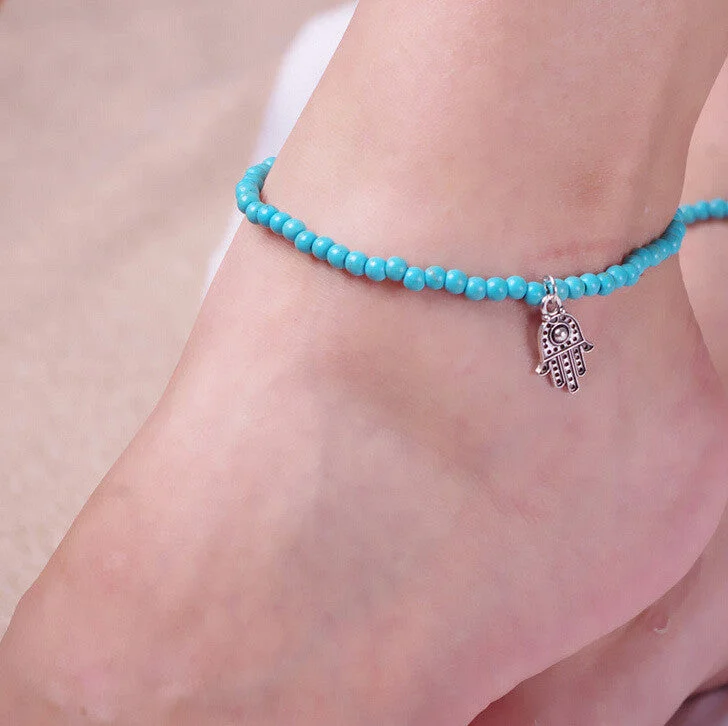 elegant bracelets for women-Bead Ankle Bracelet Spain Hamsa Hand