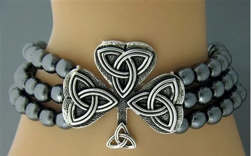 luxury diamond bracelets for women-"The Flow of Life' Hematite & Celtic Knot Shamrock Stretch Bracelet