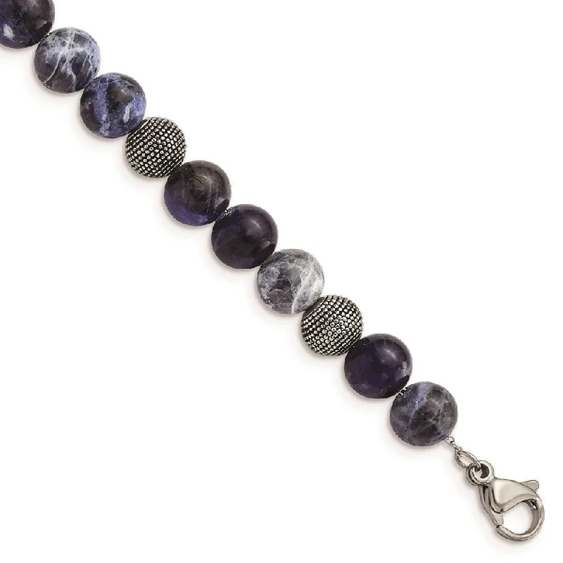 diamond bangles for women-Stainless Steel Antiqued & Polished Sodalite 7.5in w/1in ext Bracelet