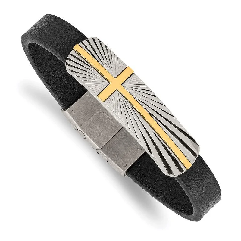 silver cuff bracelets for women-Stainless Steel Polished Yellow IP Cross Black Leather w/.5in ext Bracelet