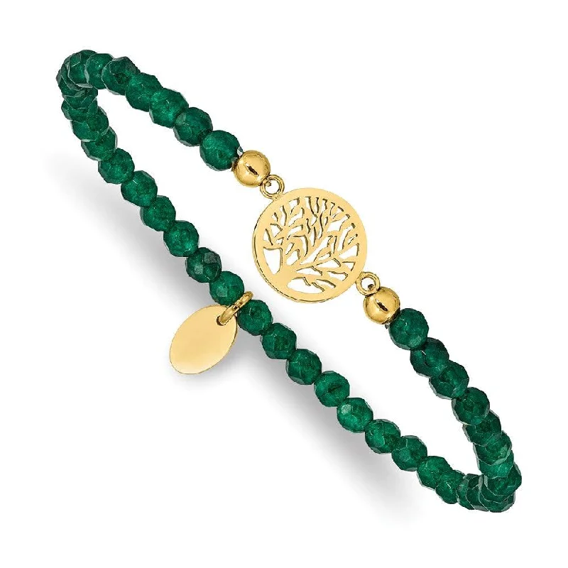 luxury charm bangles for women-Stainless Steel Polished Yellow IP Tree of Life Green Jade Stretch Bracelet