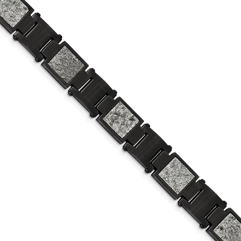 designer bangles for women-Stainless Steel Polished Black IP w/Sedimentary Rock Inlay 8.5in Bracelet