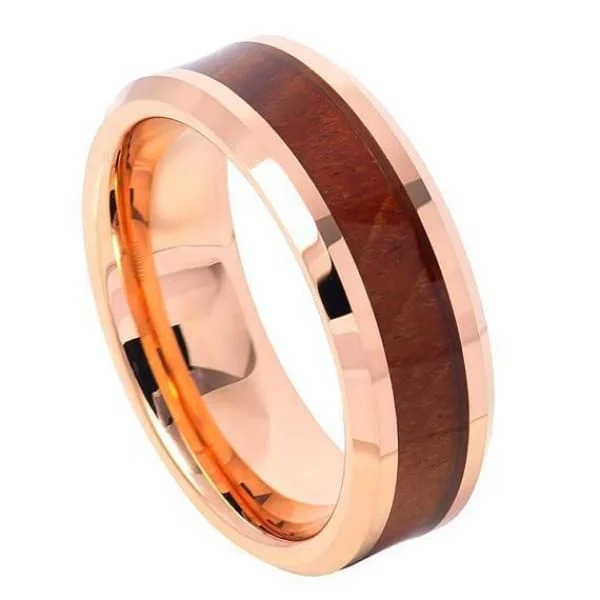 matching rings for women-Men's Hawaiian Koa Wood Inlaid Tungsten Carbide Ring With Beveled Edges- 8mm