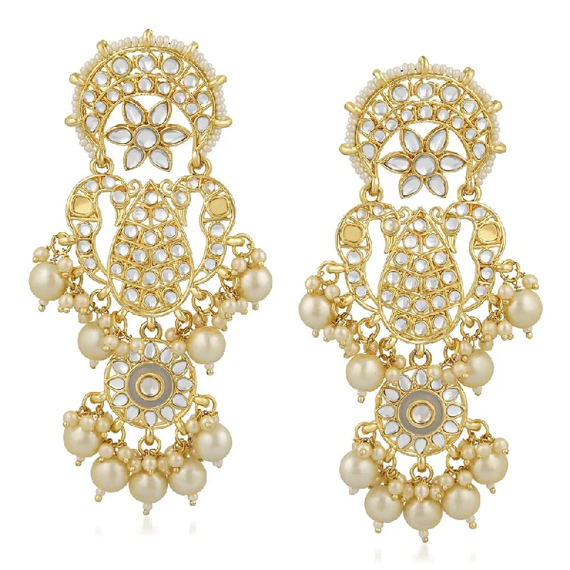 trendy gold earrings for women-Mahi Gold Plated Traditional White Kundan Long Dangler Earring For Women VECJ100198