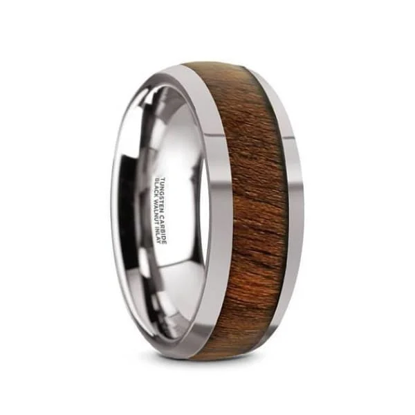 gold rings for women-Exotic Black Walnut Wood Inlaid Domed Tungsten Ring With Polished Edges For Him- 8 mm