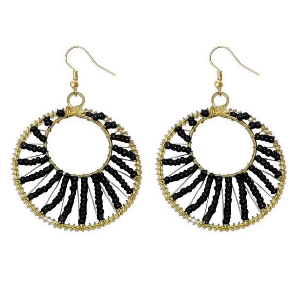 casual earrings for women-Tip Top Fashions Black Beads Gold Plated Dangler Earrings - 1309018J