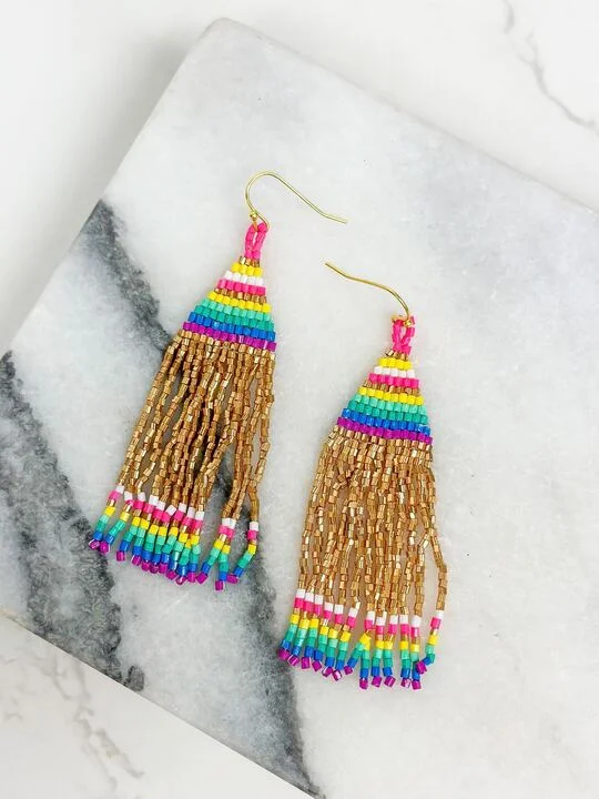 luxury earrings for women-Golden Rainbow Fringe Dangle Earrings