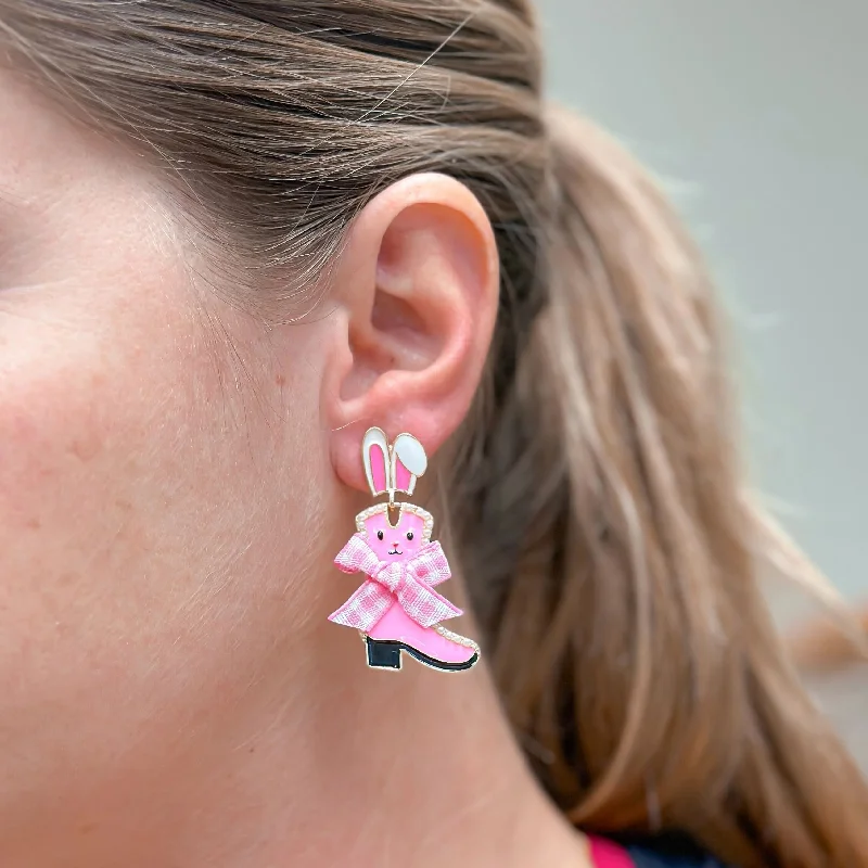 colorful earrings for women-Enamel Bunny Boot Dangle Earrings - Pink