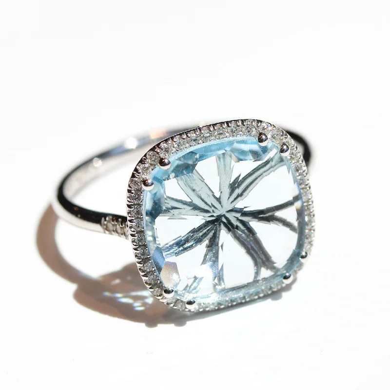 fancy diamond rings for women-Sky Blue Topaz Cushion Halo Ring