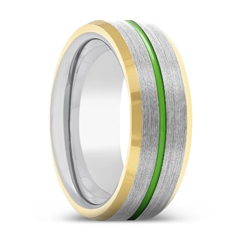 radiant cut engagement rings for women-MYSTI | Silver Ring, Silver Tungsten Ring, Green Groove, Gold Beveled Edge