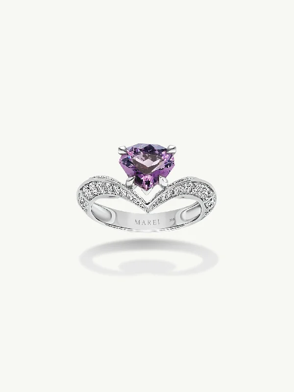 pink sapphire rings for women-Dorian Floating Teardrop Purple Spinel Engagement Ring In 18K White Gold