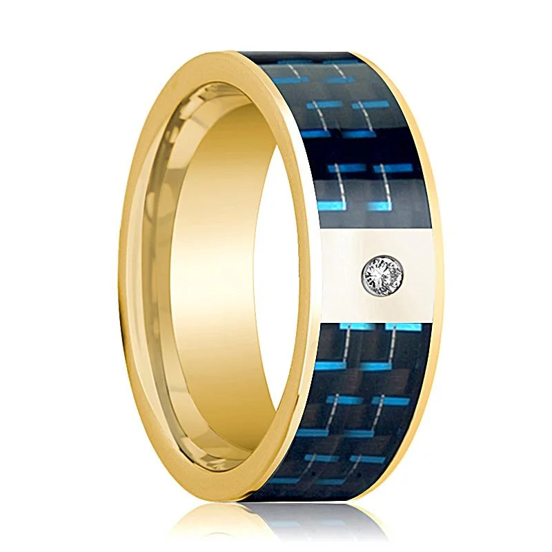 unique rings for women-Black and Blue Carbon Fiber Inlaid Men's 14k Gold Wedding Band with Diamond in Center - 8MM