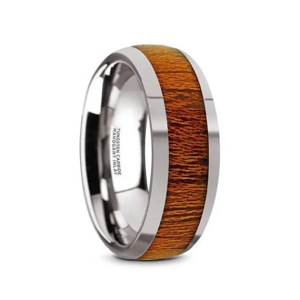 diamond rings for women-Men's Round Mahogany Wood Inlaid Tungsten Wedding Ring Polish Finish - 8mm