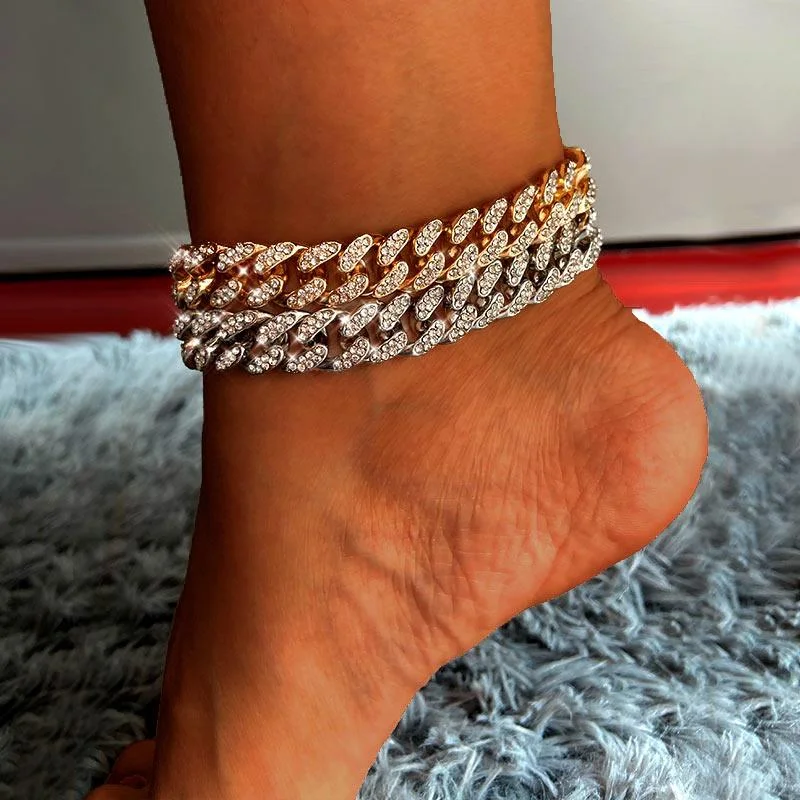 luxury bracelets for women-Chunky Metal Chain Anklet For Women Rhinestone Foot Bracelet Rock Jewelry