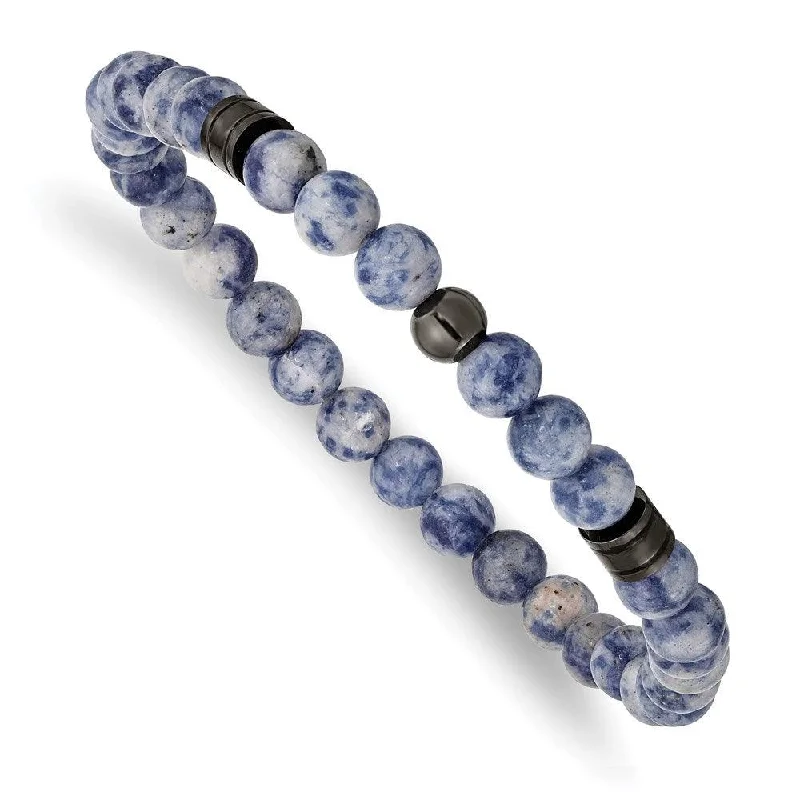 charm bracelets for women-Stainless Steel Polished Gun Metal IP and Lapis Beaded Stretch Bracelet