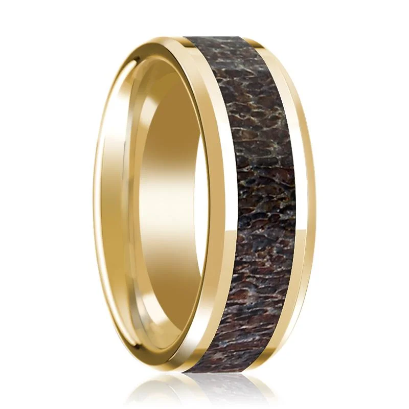 contemporary rings for women-Men's 14k Yellow Gold Wedding Band with Dark Deer Antler Inlay & Beveled Edges Polished Finish - 8MM