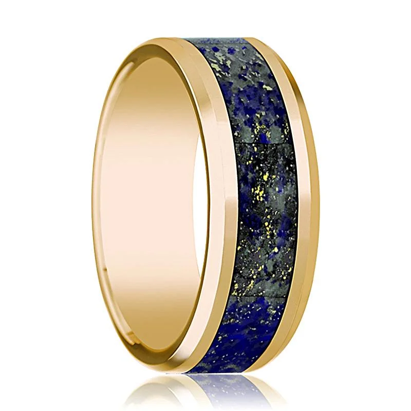 sapphire diamond rings for women-Beveled 14k Yellow Gold Men's Wedding Band with Blue Lapis Lazuli Inlay Polished Finish - 8MM