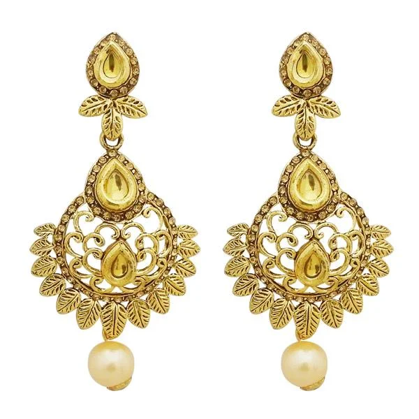 geometric earrings for women-Jheel Brown Stone Gold Plated Pearl Drop Dangler Earrings - 2900228A