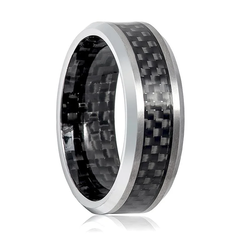 high-end rings for women-CASSIUS | Silver Tungsten Ring, Carbon Fiber Inlay, Beveled