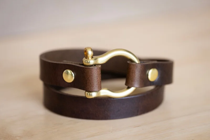 gemstone bracelets for women-Leather Bracelet Shackle Double Wrap | Handmade Jewelry | Dark Brown + Brass | Screw Pin Anchor | Custom Engrave Personalize Quote Words