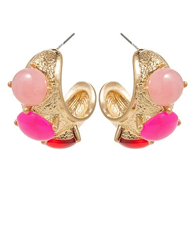 luxury earrings for brides-Fuchsia & Gold Stone Dome Shape Textured Hoops