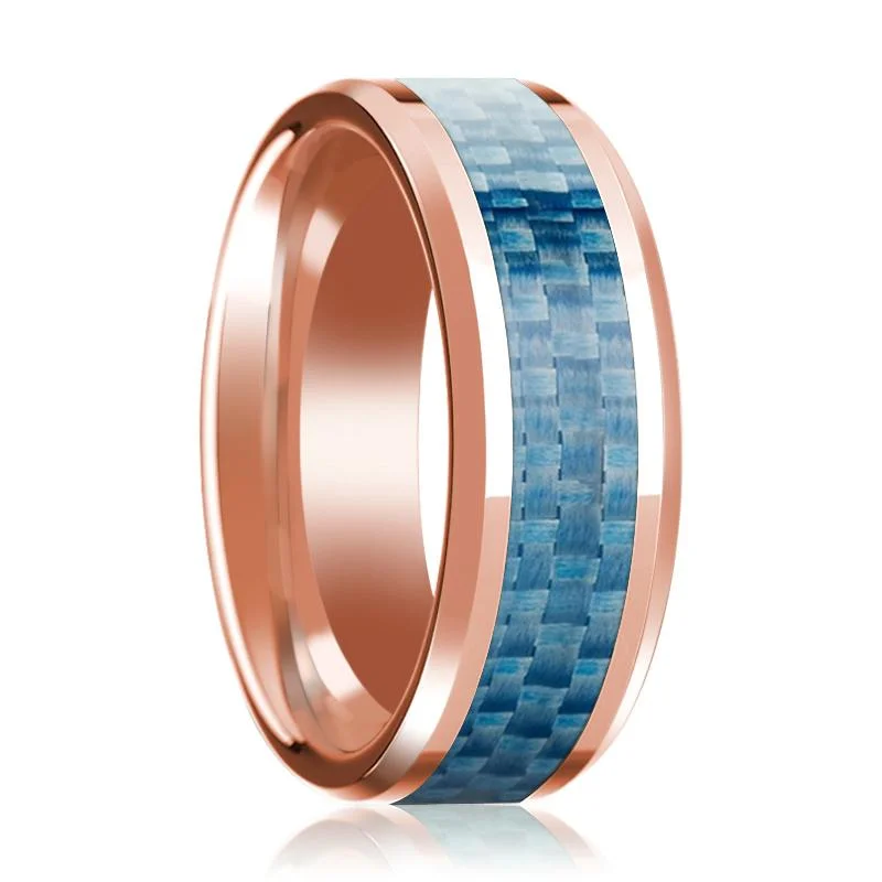 classic engagement rings for women-Beveled 14k Rose Gold Wedding Band with Blue Carbon Fiber Inlay & Beveled Edges Polished Finish - 8MM