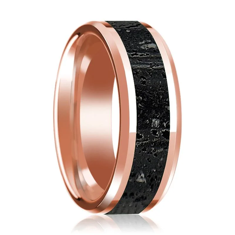 luxury diamond engagement rings-Lava Rock Stone Inlaid 14k Rose Gold Polished Wedding Band for Men with Beveled Edges - 8MM