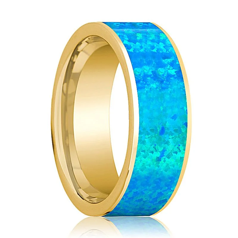 radiant diamond rings for women-Flat Polished 14k Yellow Gold Men's Wedding Band with Blue Opal Inlay - 8MM