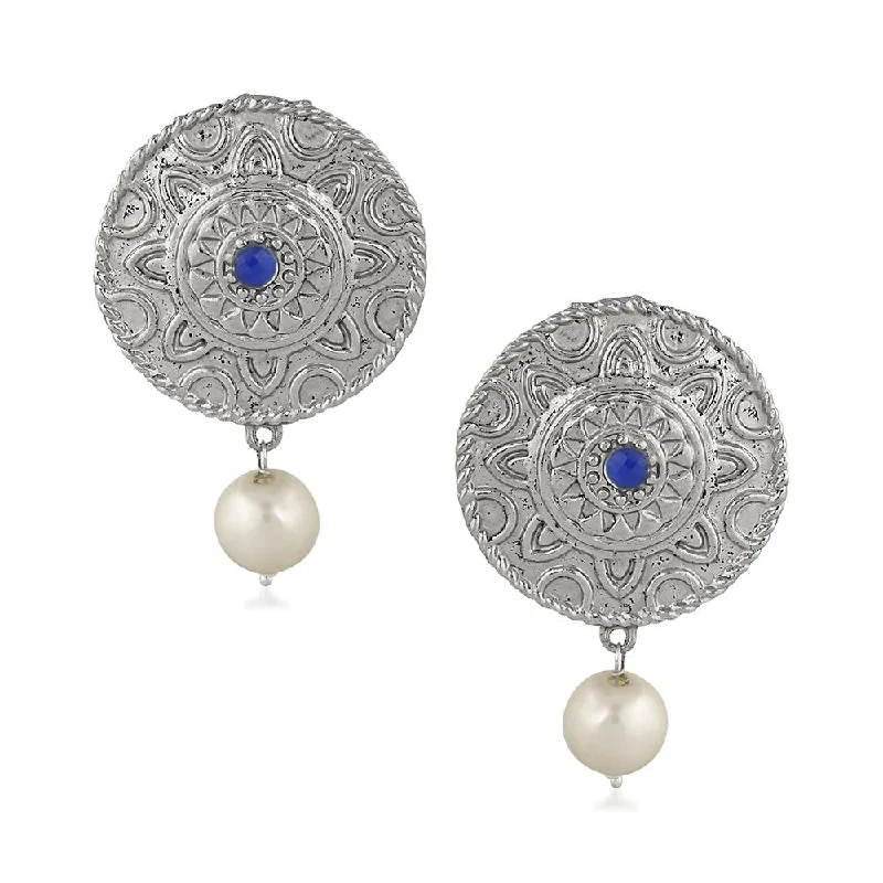 high-quality earrings for women-Mahi Blue Kundan and Artificial Pearl Traditional Dangler Earrings for Women (VECJ100226)