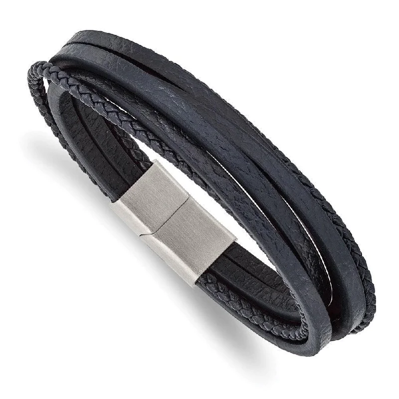 affordable bangles for women-Stainless Steel Brushed Navy Blue Leather Multi Strand 8in Bracelet