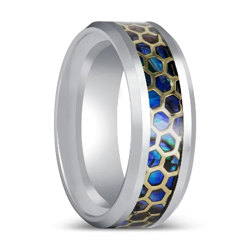 diamond rings for weddings-CHAZY | Silver Tungsten Ring with Honeycomb Over Inlay