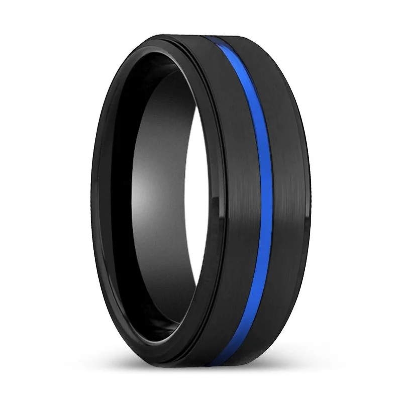 emerald engagement rings for women-SPECTRAL | Black Ring, Black Tungsten Ring, Blue Groove, Stepped Edge