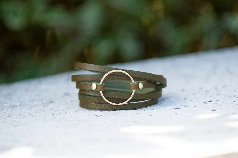 high-quality bracelets for women-Leather Wrap Bracelet Olive Green, Gold Filled Hammered Hoop