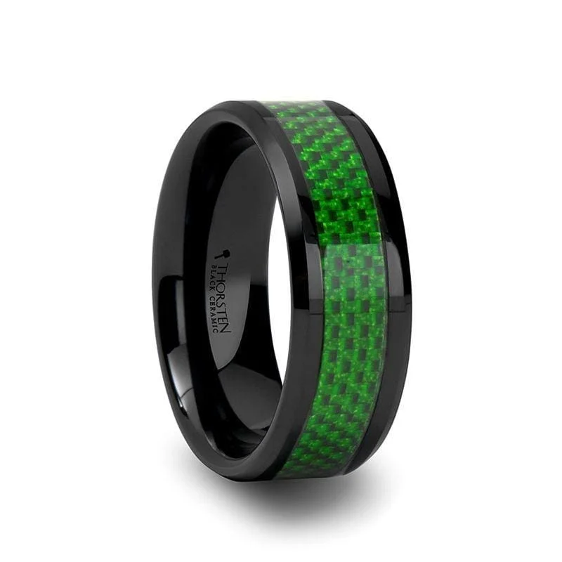 large wedding rings for women-BUNIM Men's Black Ceramic Ring With Emerald Green Carbon Fiber Inlay - 8mm