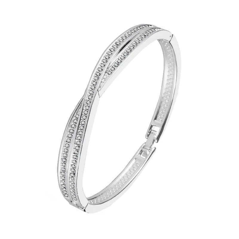 luxury bracelets for women-Silver Plated Crossover Bangle Created with Zircondia® Crystals (7 Inch)