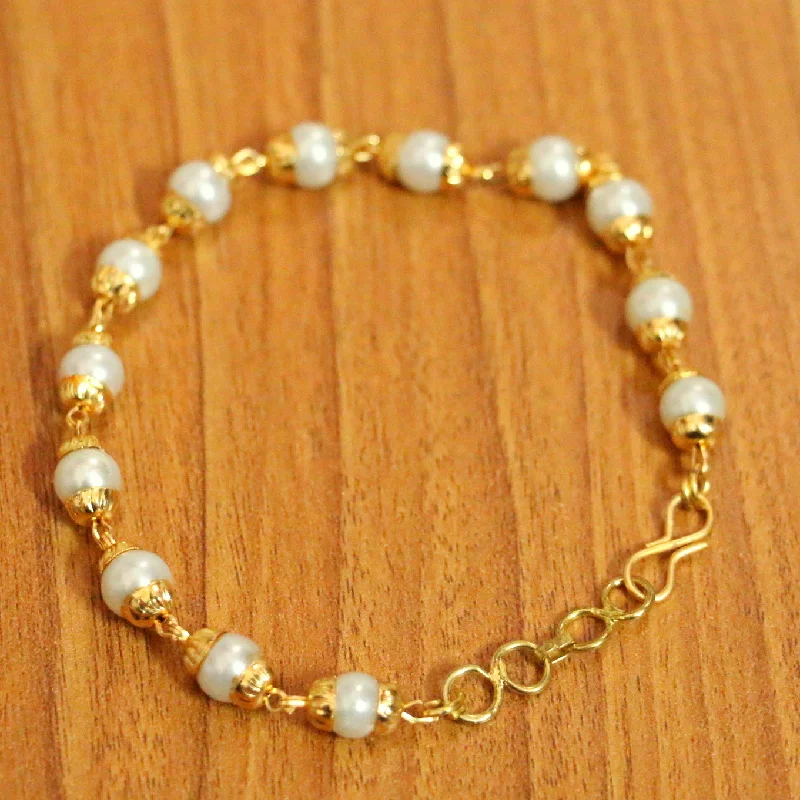 designer bracelets for women-White Pearl Gold Plated Adjustable Bracelet