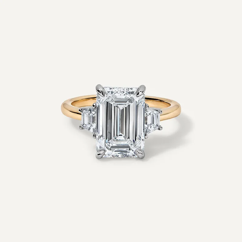 cushion diamond engagement rings-Three Stone Emerald Cut with Step Cut Trapezoids