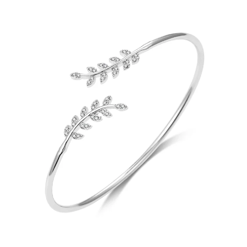 stretch bracelets for women-Silver Plated Leaf Bangle Created with Zircondia® Crystals