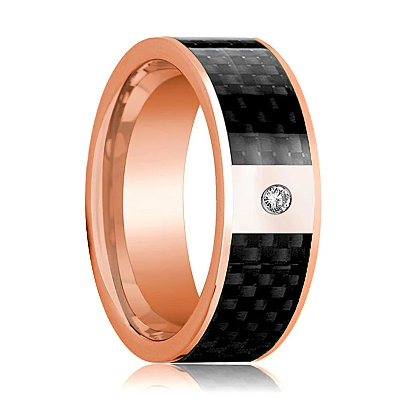 pink sapphire rings for women-14k Rose Gold Men's Flat Wedding Ring with Black Carbon Fiber Inlay & Diamond