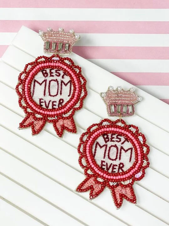 Christmas earrings for women-'Best Mom Ever' Award Beaded Dangle Earrings