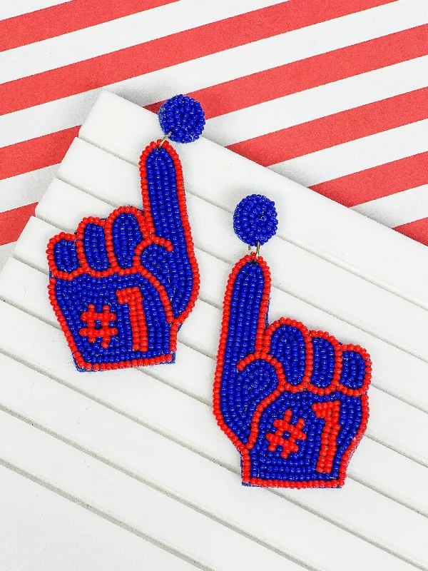 gold earrings for women-#1 Go Team Foam Finger Beaded Dangle Earrings - Blue & Red